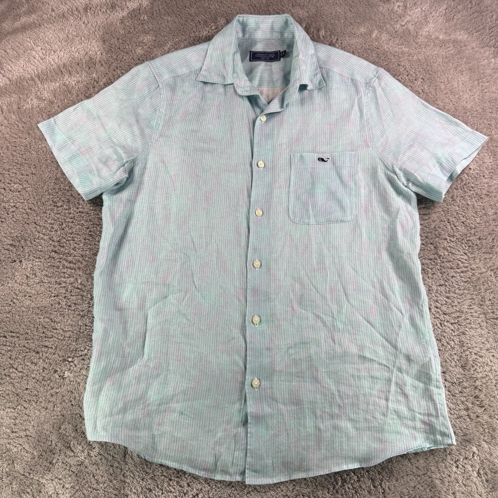 Vineyard Vines Mens Small 100% Linen Shirt Aqua Blue Plaid Short Sleeve Button